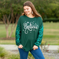 Load image into Gallery viewer, 40021 - Believe Christmas Top with Sequin Sleeves

