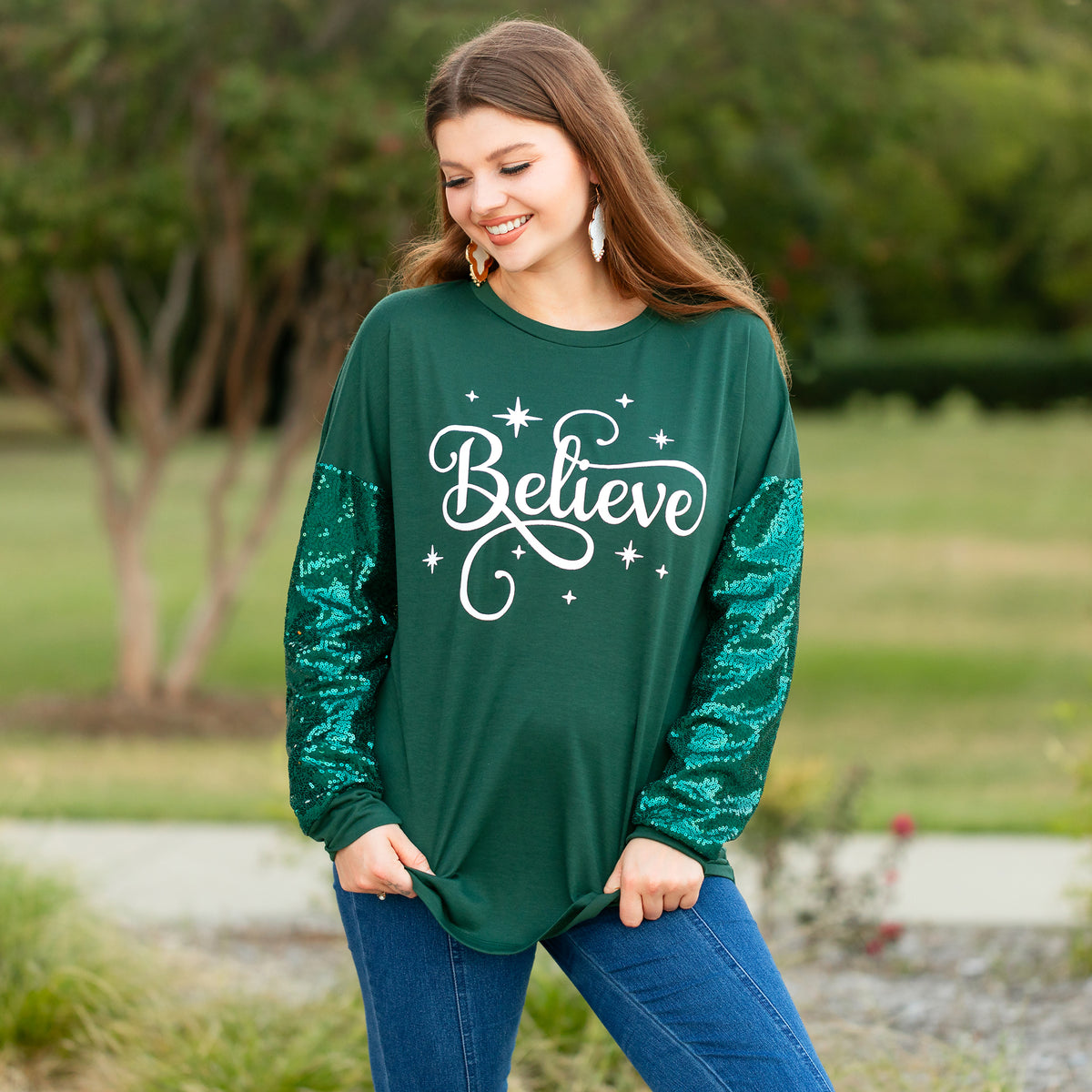 40021 - Believe Christmas Top with Sequin Sleeves