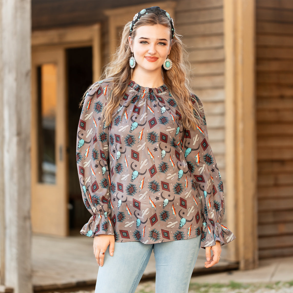 40025 - Western Print Ruffle Long Sleeve Top