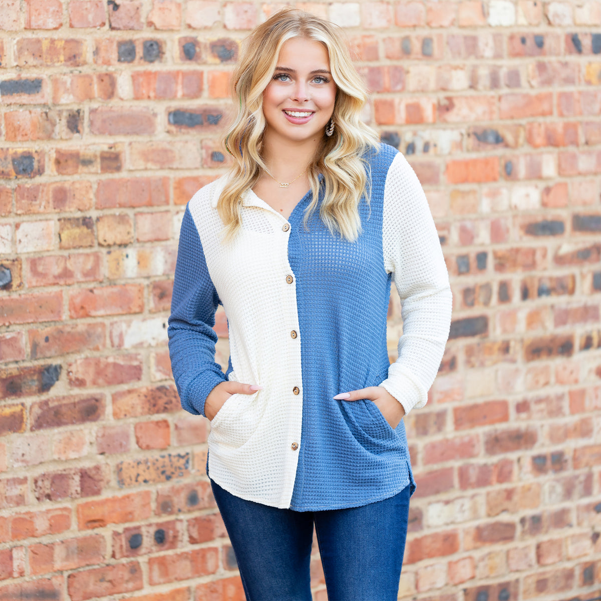 40056 - Color Block Waffle Knit Button Down with Pockets