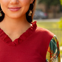 Load image into Gallery viewer, 40060 - V-Neck Waffle Knit Top with Plaid Print
