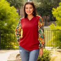 Load image into Gallery viewer, 40060 - V-Neck Waffle Knit Top with Plaid Print

