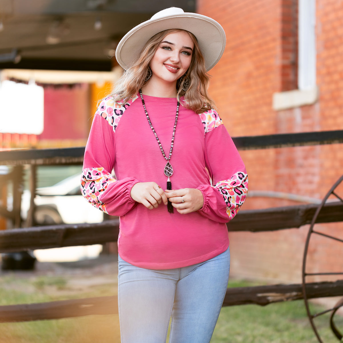 40061 - Pink Leopard Color Block Long Sleeve Top