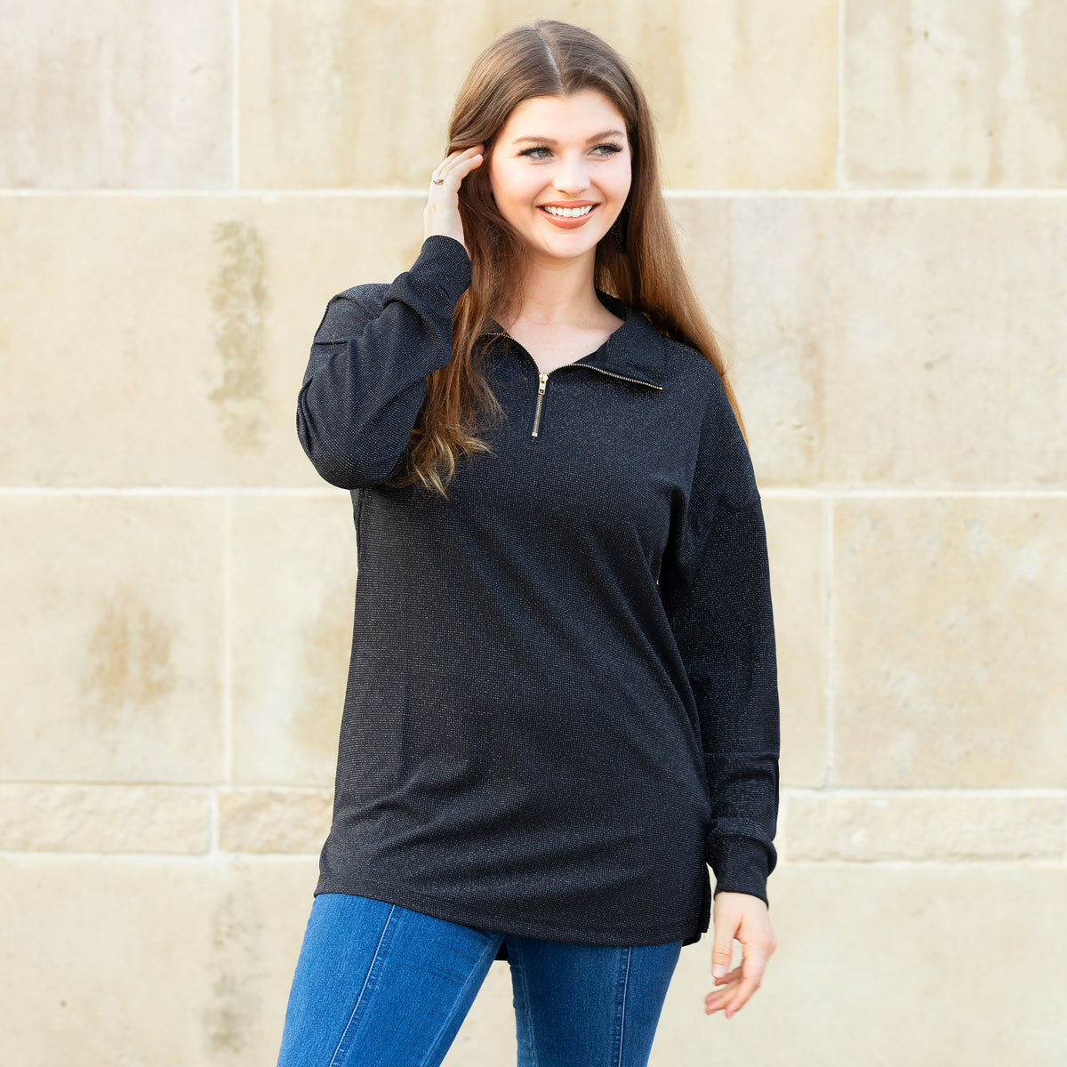 40069 - Sparkly Half-Zip Pullover - Black