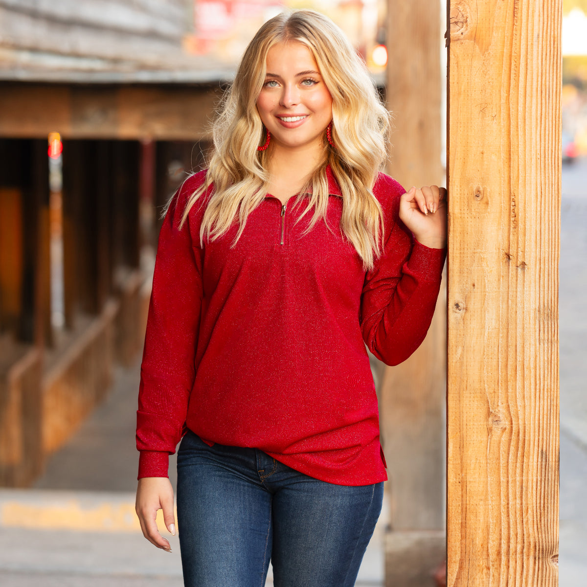 40069 - Sparkly Half-Zip Pullover - Red