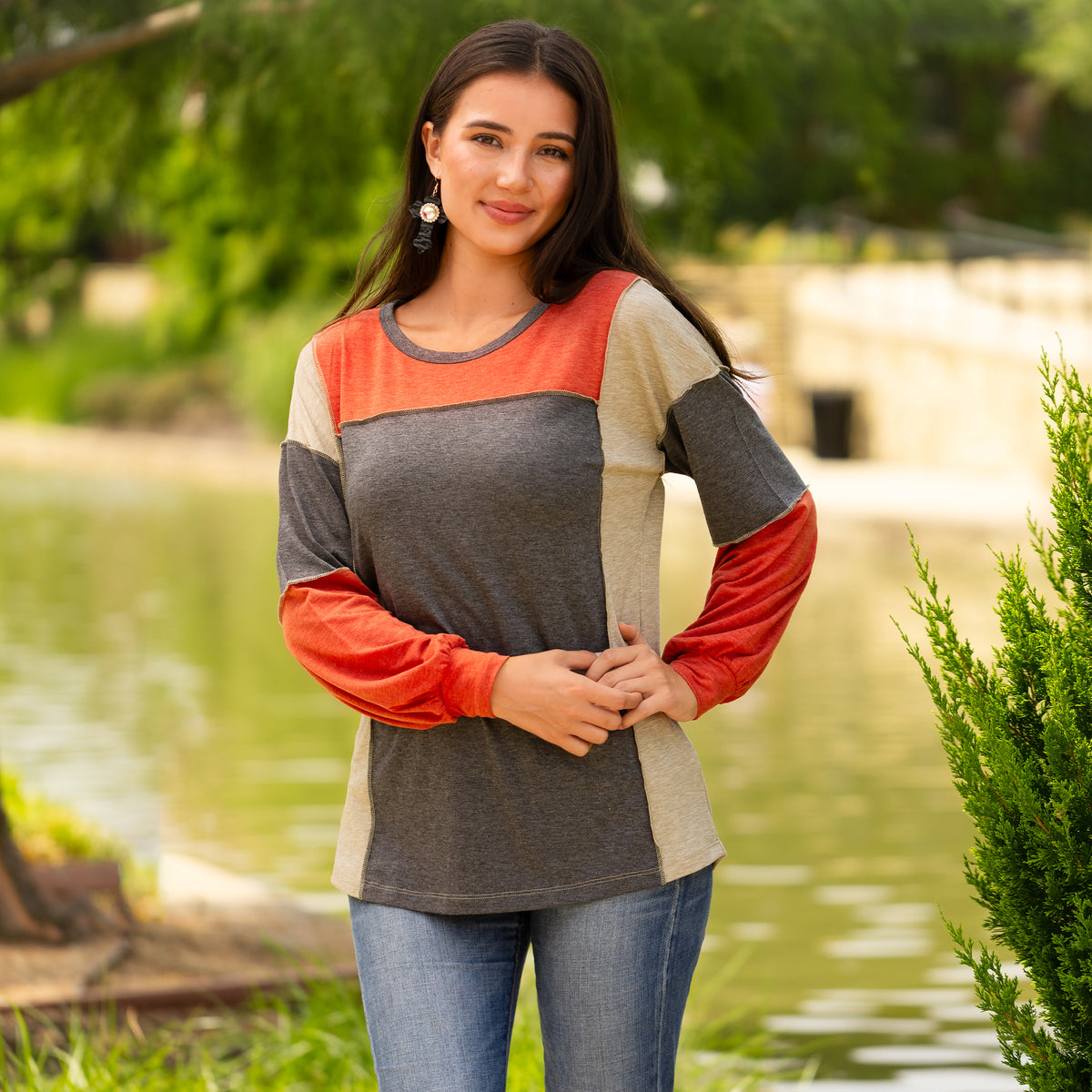 40070 - Multi Color Block Long Sleeve Top - Gray