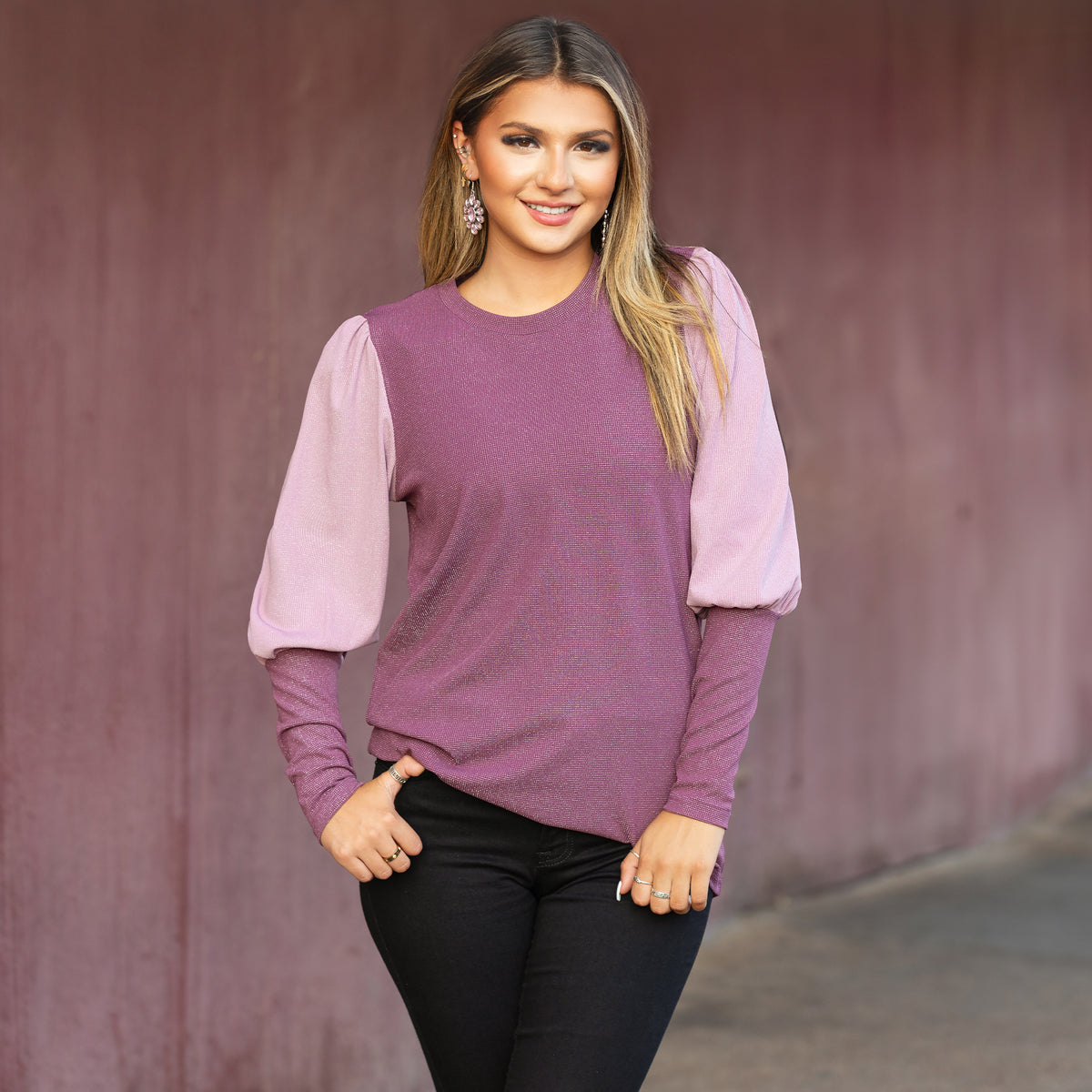 40071 - Sparkle Color Block Puffed Long Sleeve Top