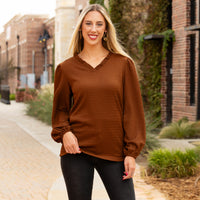 Load image into Gallery viewer, 40079 - V-Neck Textured Long Sleeve Top - Brown
