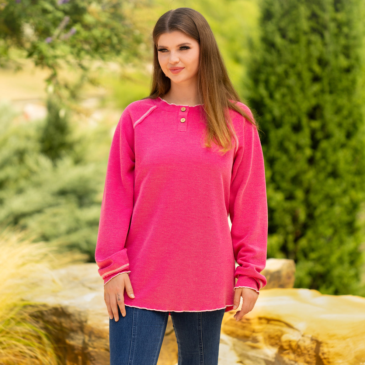 40083 - Knit Sweater with Accent Buttons - Pink