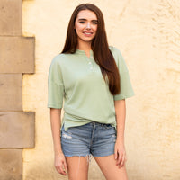 Load image into Gallery viewer, 50011 - Solid Buttoned Short Sleeve Top with Slits - Pistachio
