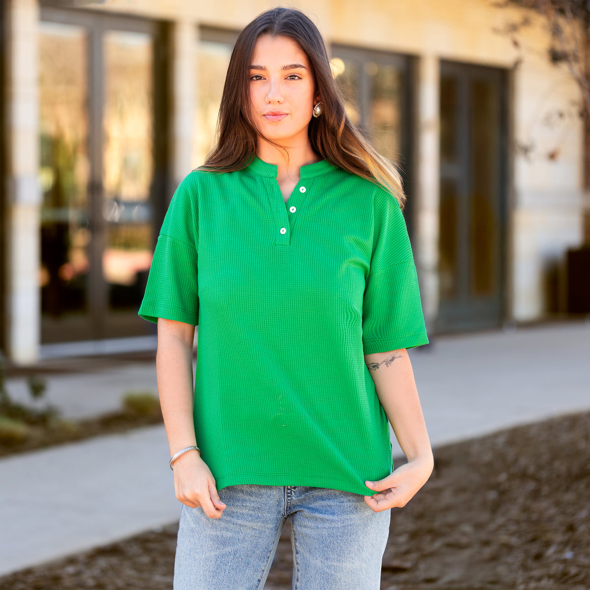 50011 - Solid Buttoned Short Sleeve Top with Slits - Green