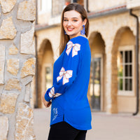 Load image into Gallery viewer, 50015 - Baseball Game Day Top with Bow Print Sleeves - Royal Blue
