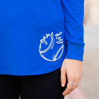 Load image into Gallery viewer, 50015 - Baseball Game Day Top with Bow Print Sleeves - Royal Blue

