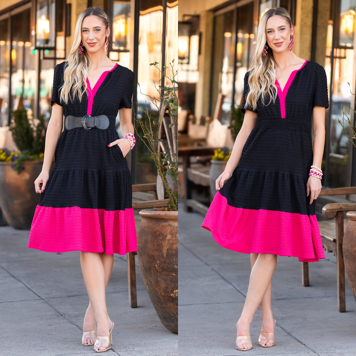 50019 - Color Block Textured Dress with Pockets - Black Pink | Your Fashion Wholesale 50019 - Color Block Textured Dress with Pockets - Black Pink | Your Fashion Wholesale