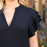 Load image into Gallery viewer, 50020 - Solid Color Textured Dress with Ruffled Sleeves and Pockets - Black
