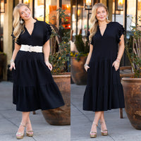 Load image into Gallery viewer, 50020 - Solid Color Textured Dress with Ruffled Sleeves and Pockets - Black
