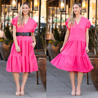 Load image into Gallery viewer, 50020 - Solid Color Textured Dress with Ruffled Sleeves and Pockets - Pink
