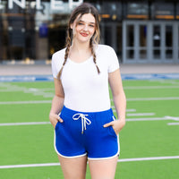 Load image into Gallery viewer, 50023 - High-Waisted Varsity Game Day Shorts with Pockets - Royal Blue
