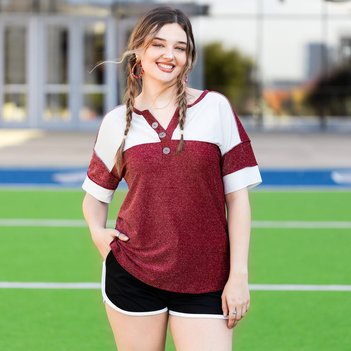 50029 - Game Day Shimmery Top with Accent Buttons- Burgundy