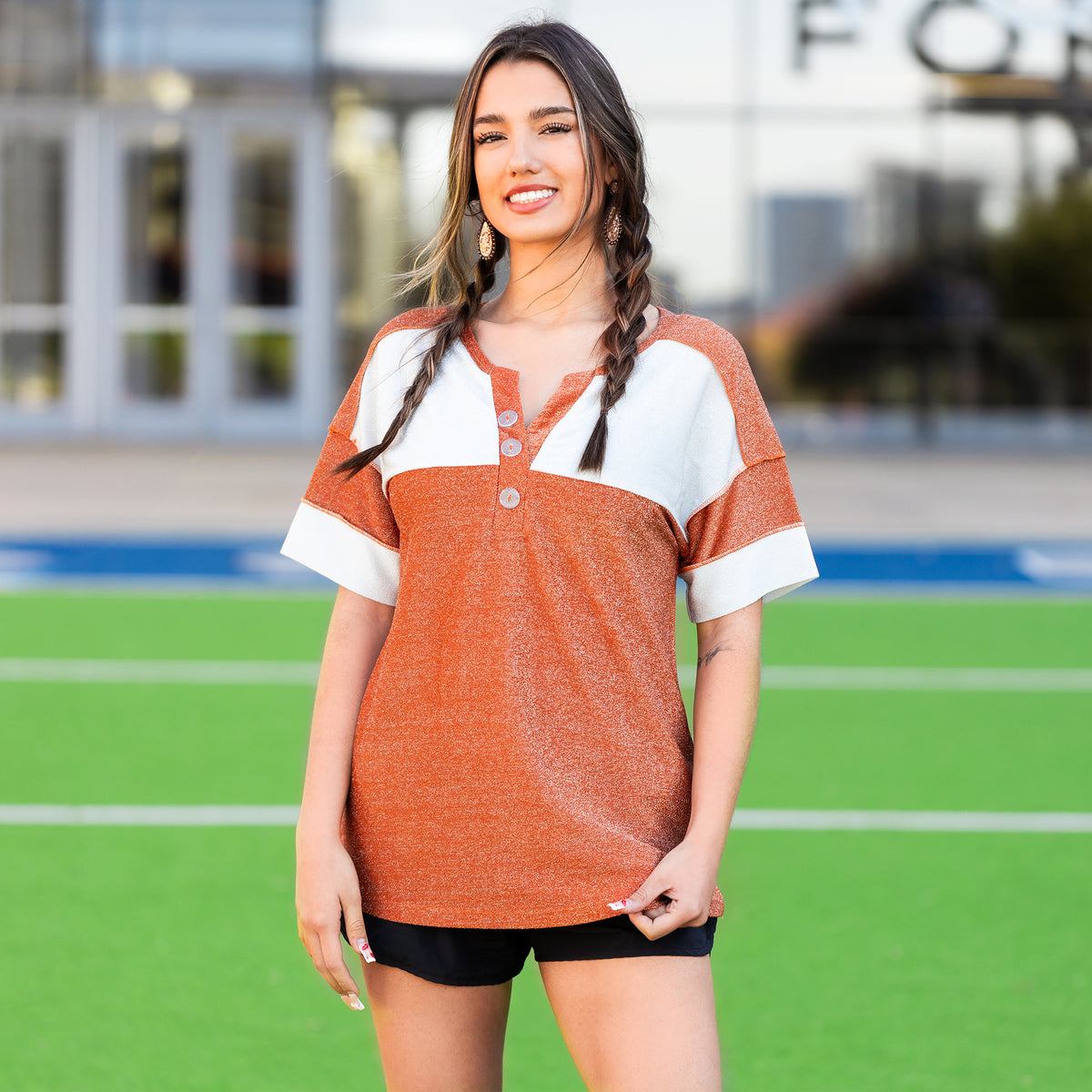 50029 - Game Day Shimmery Top with Accent Buttons - Burnt Orange