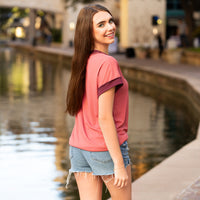 Load image into Gallery viewer, 50031 - V - Neck Ribbed Fabric Half Sleeve Top - Pink Mauve
