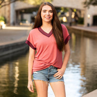 Load image into Gallery viewer, 50031 - V - Neck Ribbed Fabric Half Sleeve Top - Pink Mauve
