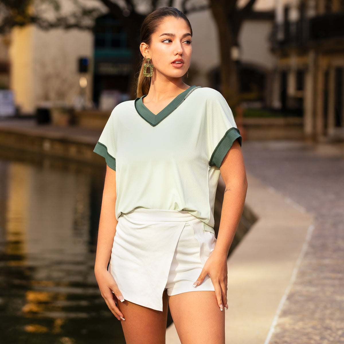 50031 - V - Neck Ribbed Fabric Half Sleeve Top - Mint Green