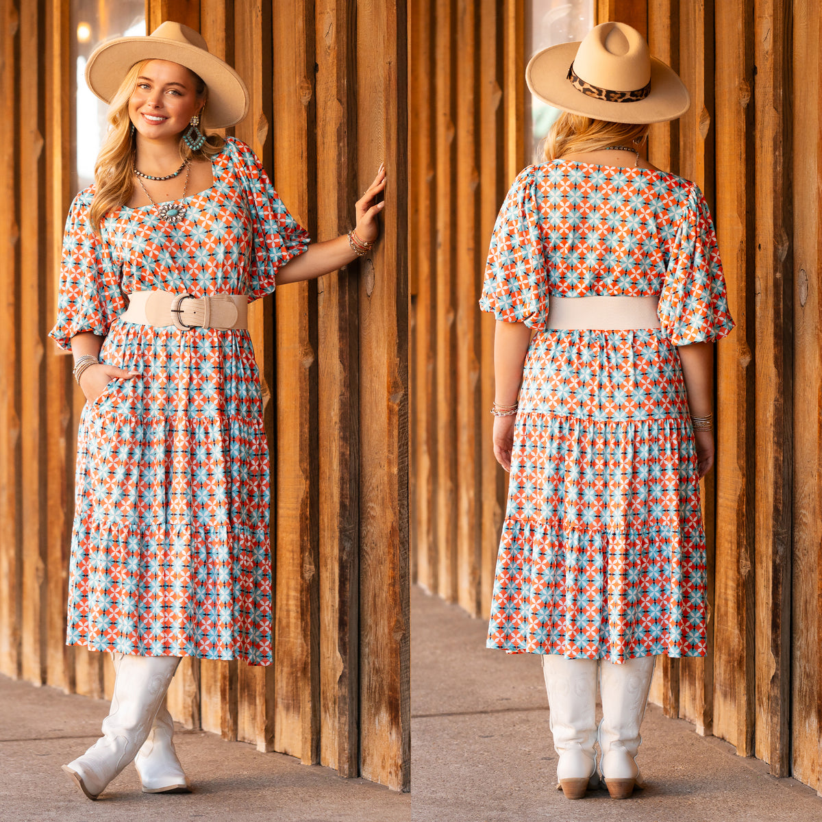 50040 - Geometric Print Bubble Sleeve Dress with Pockets