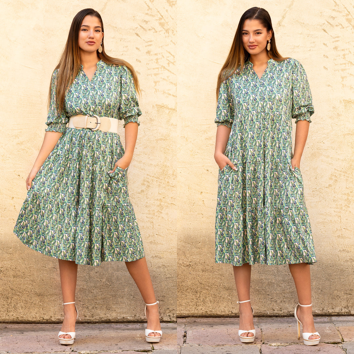 50041 - V - Neck Leaf Print Dress with Pockets