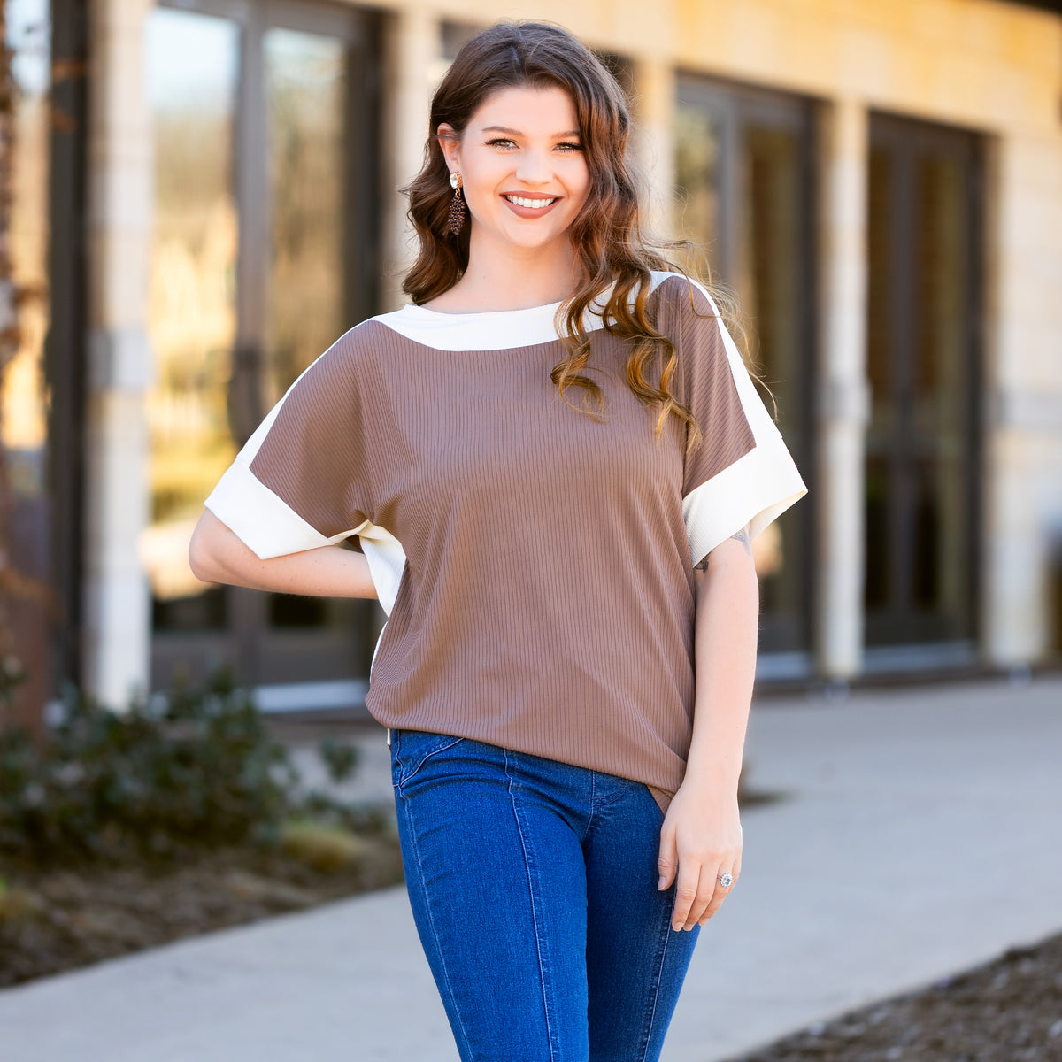50042 - Color Block Short Sleeve Top with Slits - Brown