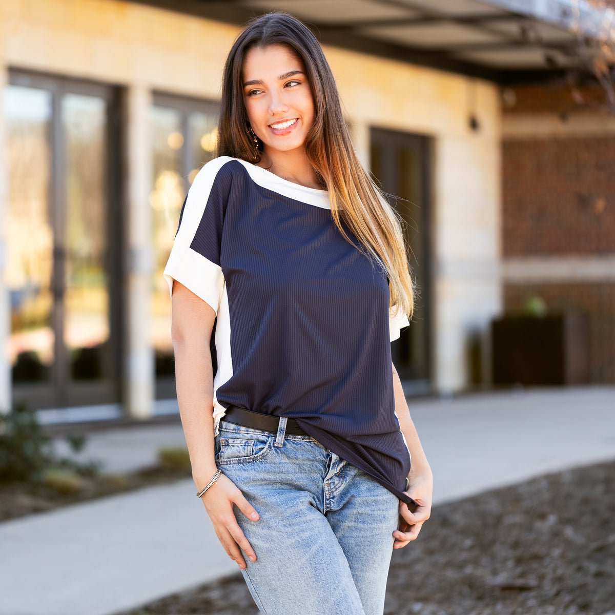 50042 - Color Block Short Sleeve Top with Slits - Navy Blue