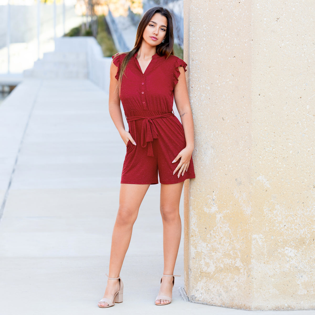 50048 - V-Neck Ruffle Sleeve Romper with Pockets -Burgundy