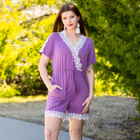 Load image into Gallery viewer, 50049 - Floral Lace Romper with Pockets - Lilac
