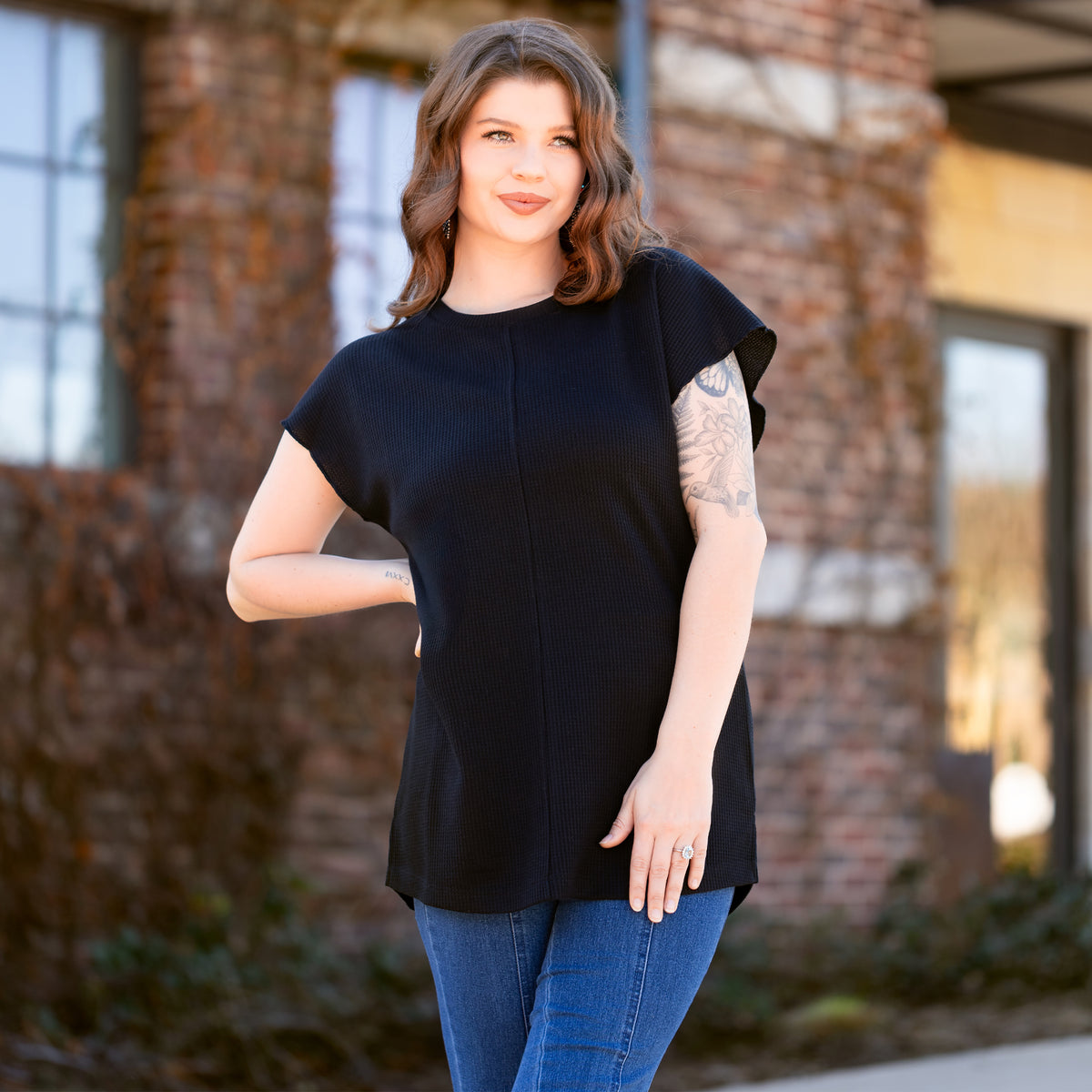 50050 - Solid Waffle Knit Half Sleeve Top - Black