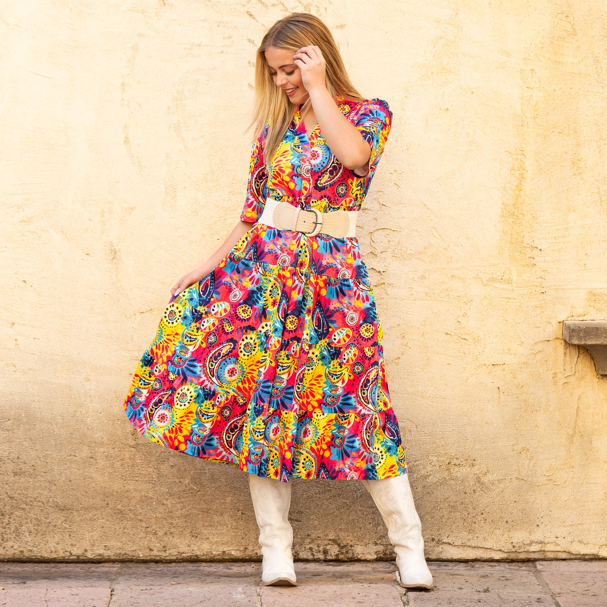 50052 - Floral Paisley Print Dress with Pockets