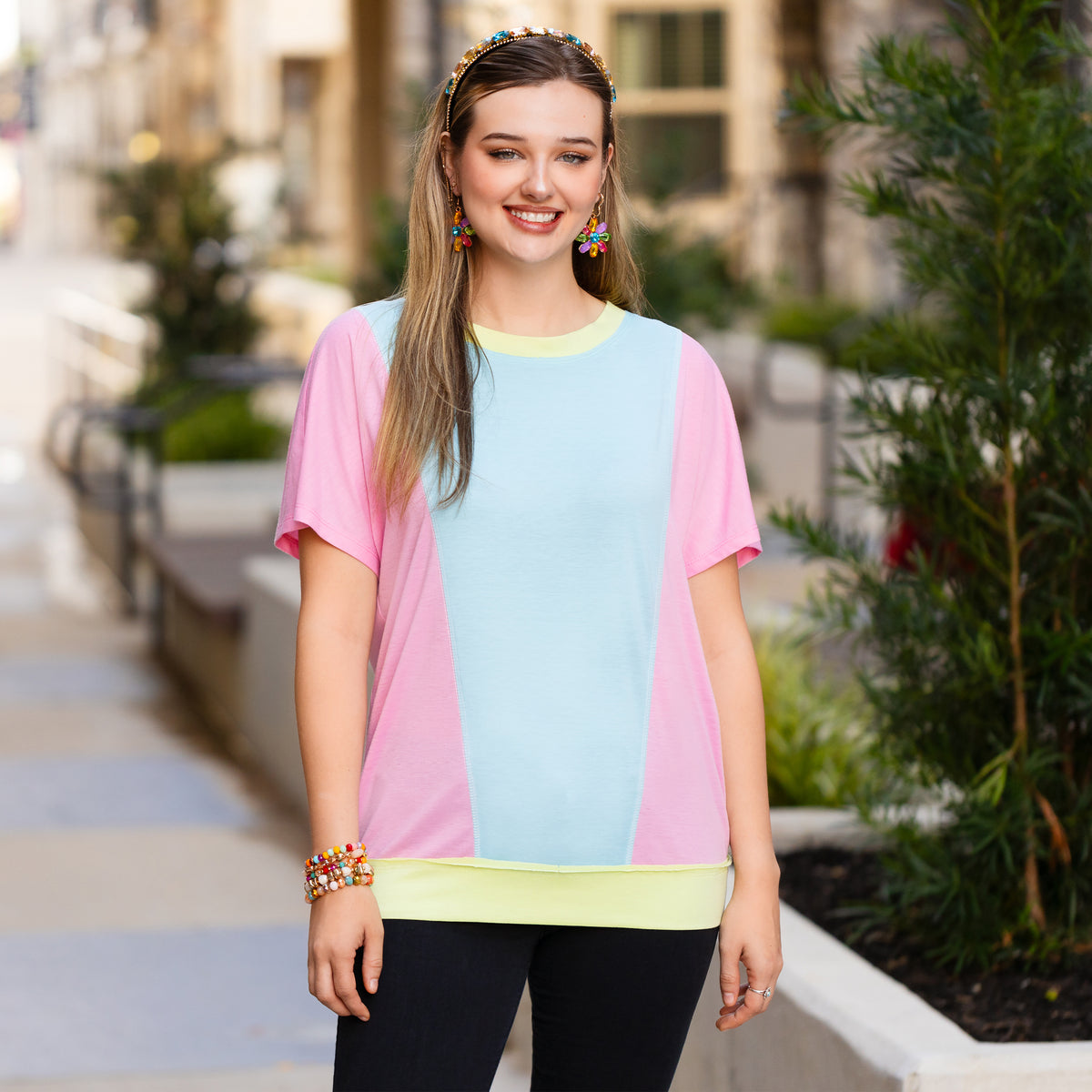 50056 - Color Block Half Sleeve Top - Pink & Blue Multi