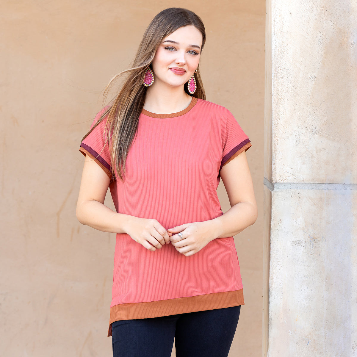50058 - Round Neckline Ribbed Fabric Half Sleeve Top