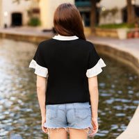 Load image into Gallery viewer, 50061 - Ruffle Sleeve V-Neck Top with White Trim - Black
