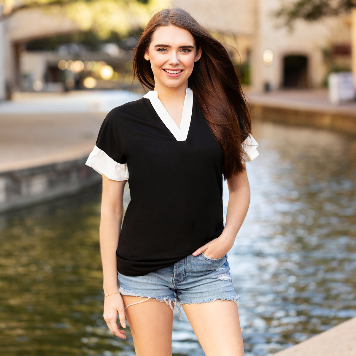 50061 - Ruffle Sleeve V-Neck Top with White Trim - Black