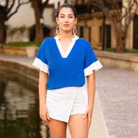 Load image into Gallery viewer, 50061 - Ruffle Sleeves V-Neck Top with White Trim - Royal Blue
