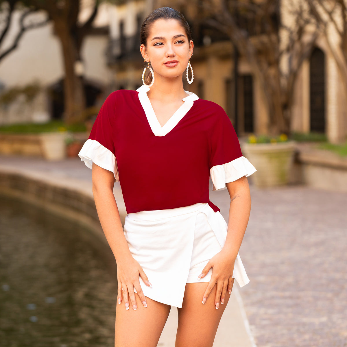 50061 - Ruffle Sleeve V-Neck Top with White Trim - Maroon