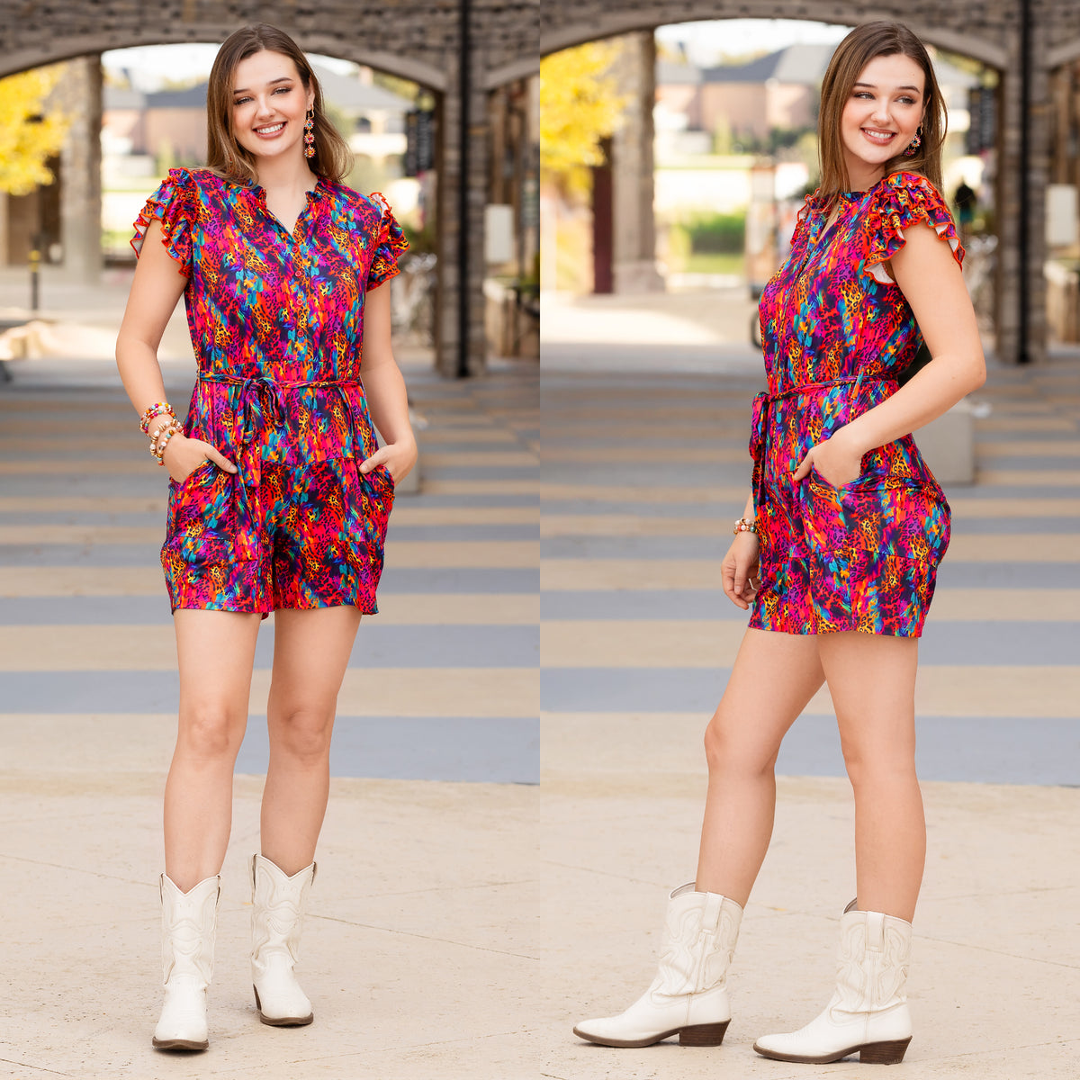 50065 - Leopard V-Neck Ruffle Sleeve Romper with Pockets