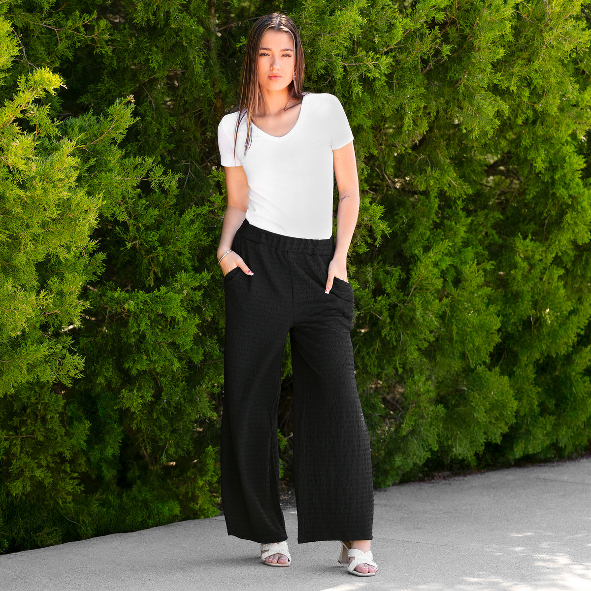 50067 - Wide Leg Textured Pants with Pockets - Black