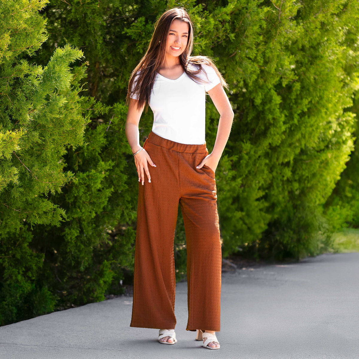 50067 - Wide Leg Textured Pants with Pockets - Mocha