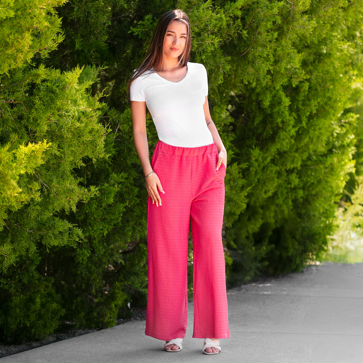 50067 - Wide Leg Textured Pants with Pockets - Hot Pink
