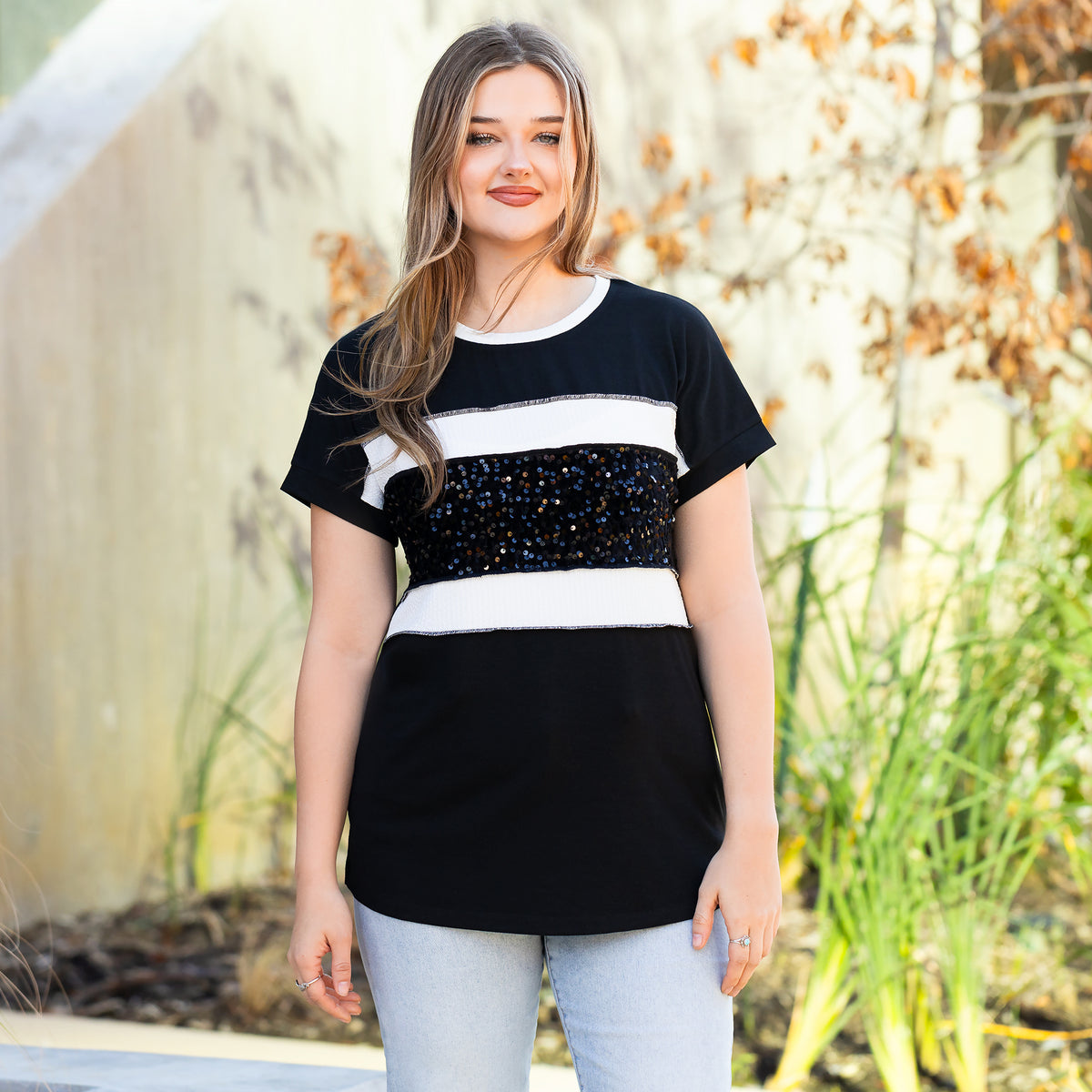 50068 - Striped Sequin Half Sleeve Top - Black