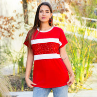 Load image into Gallery viewer, 50068 - Striped Sequin Half Sleeve Top - Red
