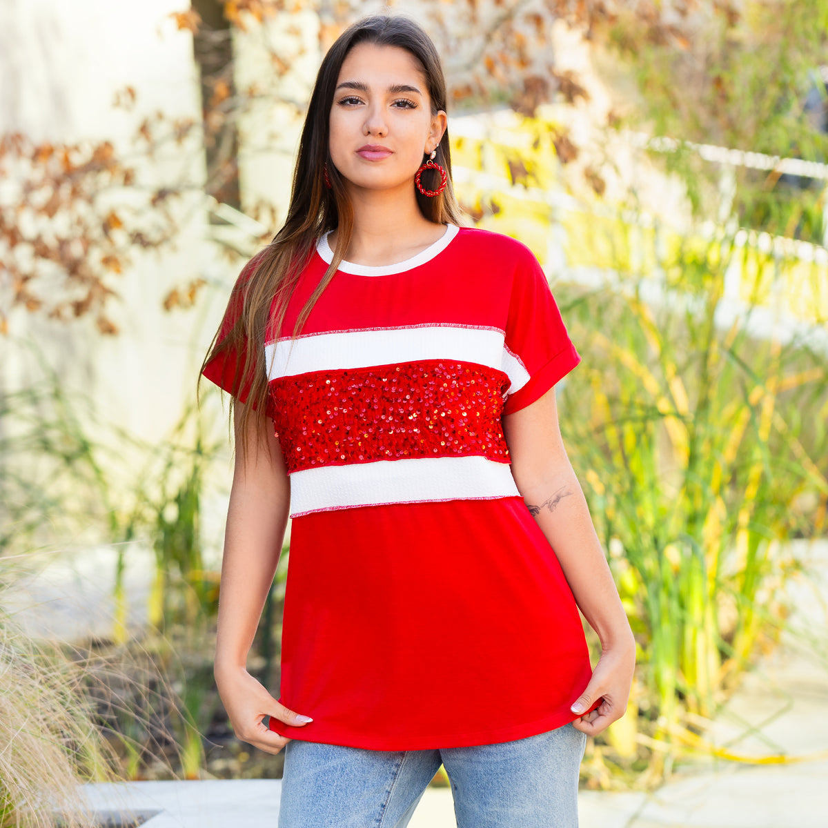 50068 - Striped Sequin Half Sleeve Top - Red