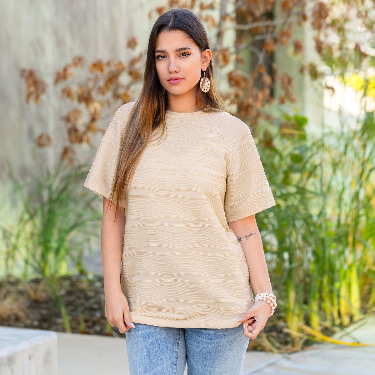 50081 - Textured Half Sleeve Top with slits - Tan