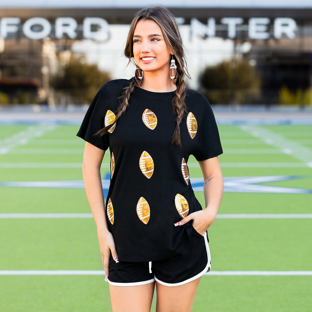 50083 - Sequin Football Half Sleeve Top - Black